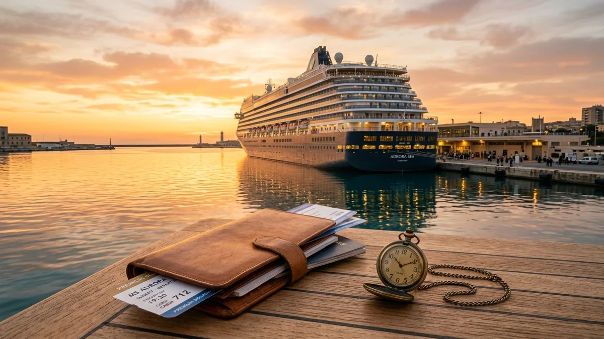 Navio de cruzeiro atracado no porto ao pôr do sol com passagens e relógio de bolso em primeiro plano
