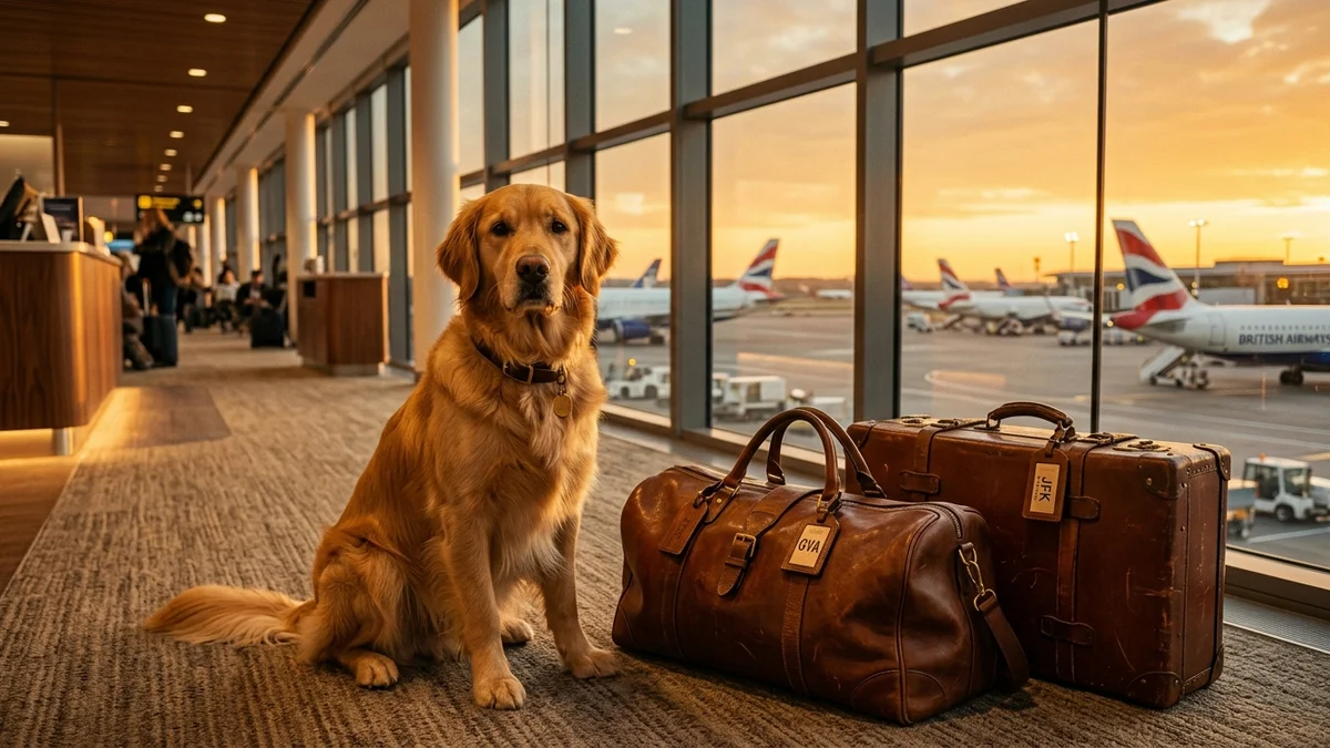 Cão de apoio emocional ao lado de malas de viagem em saguão de aeroporto com aeronaves ao fundo
