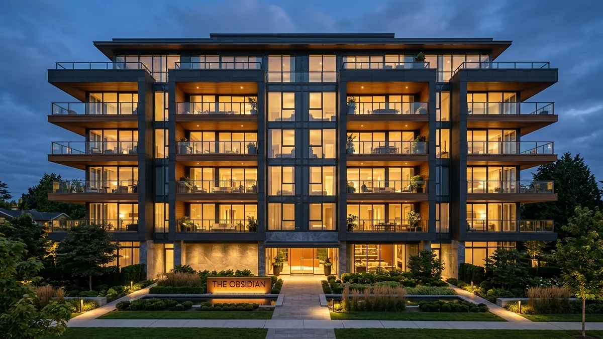 Fachada de edifício residencial contemporâneo de alto padrão iluminado ao entardecer