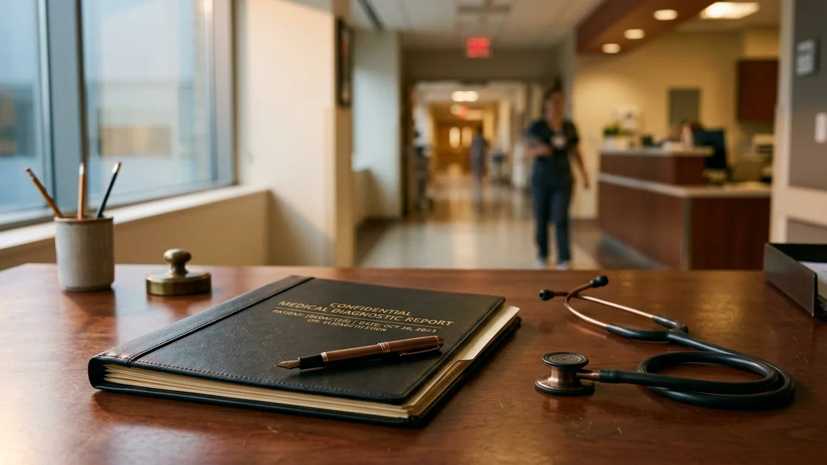 Prontuário médico com estetoscópio sobre mesa em ambiente hospitalar iluminado