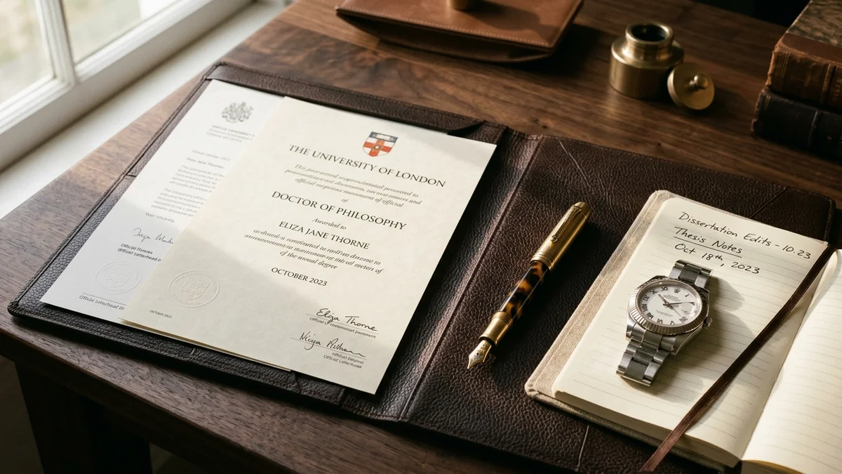 Mesa de estudos e trabalho com diploma universitário, relógio e caneta tinteiro, representando a transição para a maioridade civil