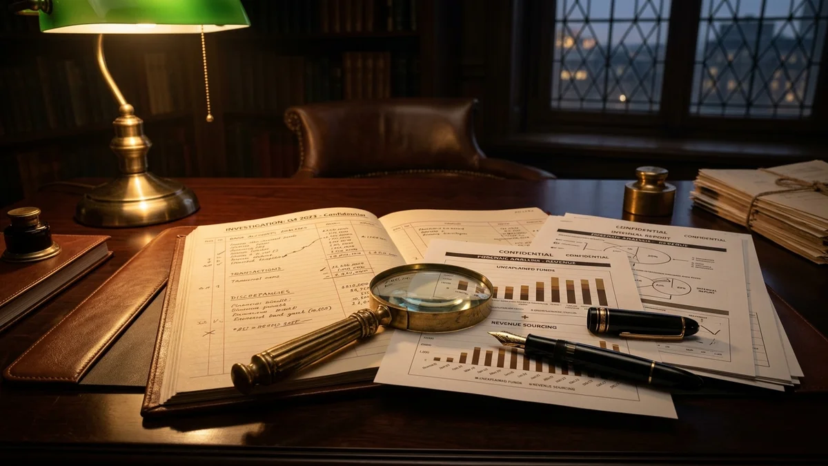 Análise financeira com documentos bancários, gráficos e lupa sobre mesa executiva